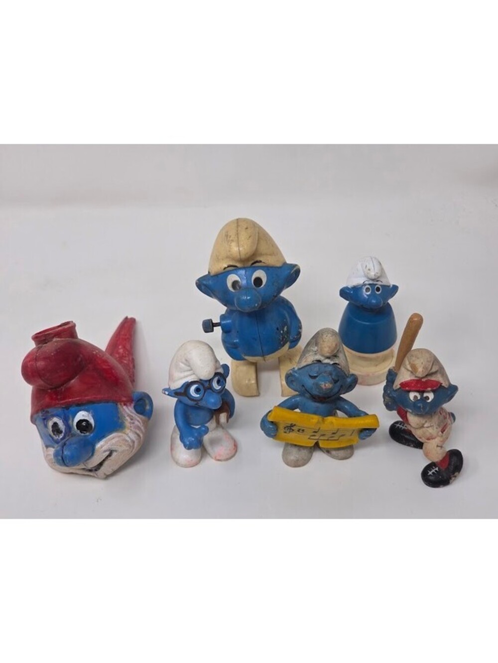Vintage 1980s Smurfs Figure Lot of 6 Mixed Character Toys and Papa Smurf Head